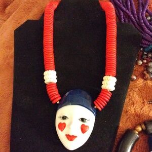 Hand painted French pierrot mask necklace